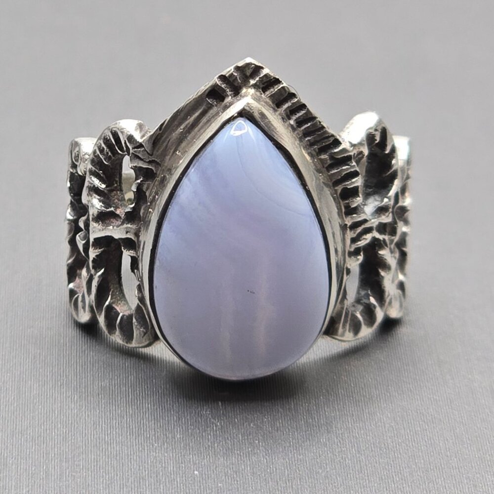 VTG Sterling Silver Teardrop Blue Lace Agate Ring Size 6.5 Cut-Out Link Band - Picture 1 of 11